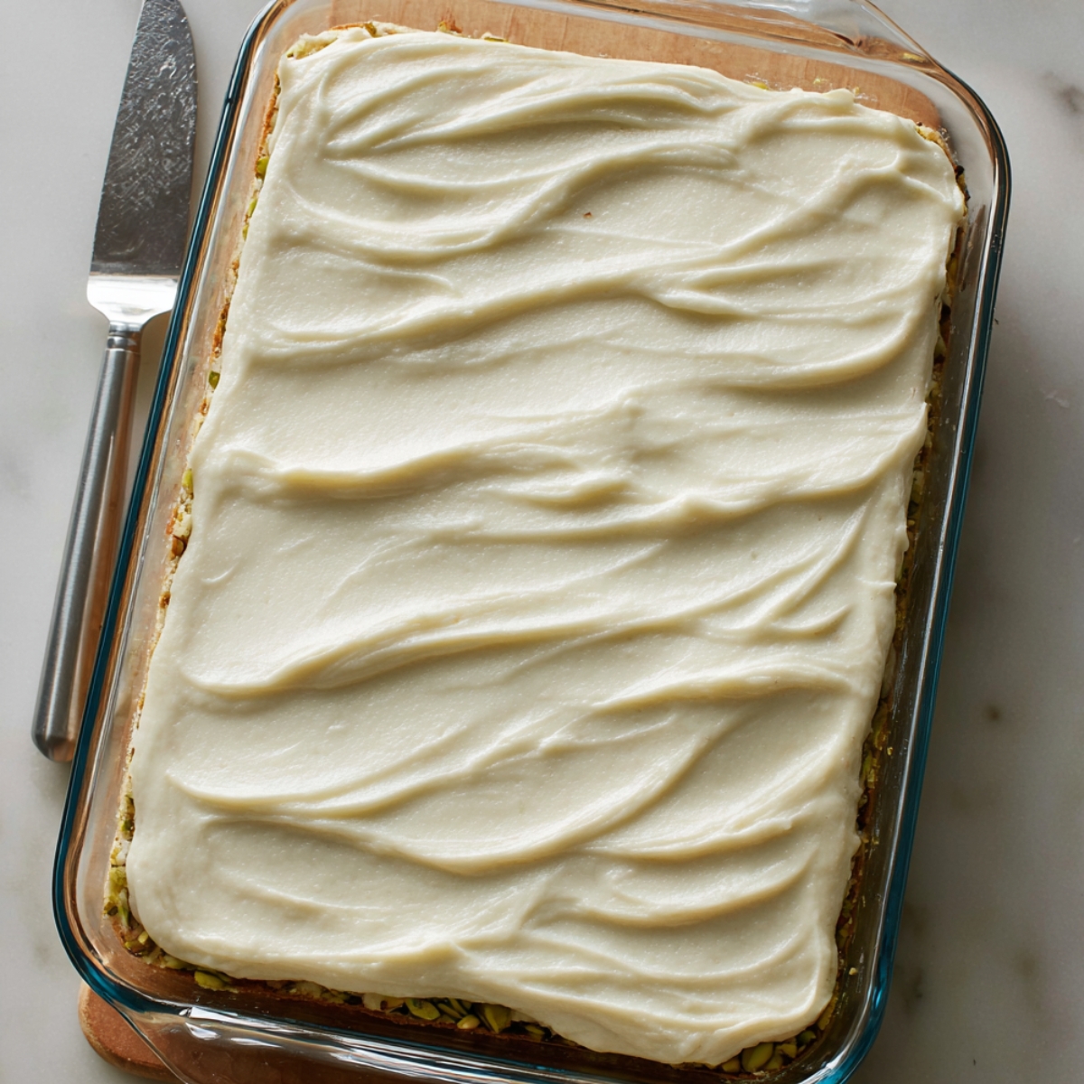 Pistachio cookie bars with cream cheese frosting spread evenly on top before slicing.