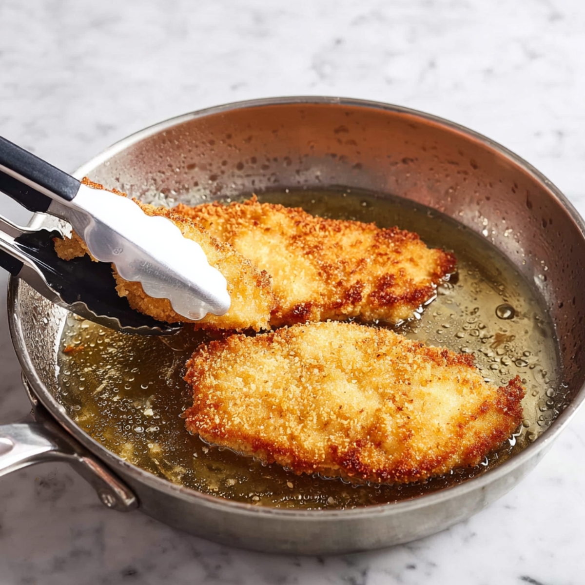Golden-brown breaded chicken schnitzels being flipped in a frying pan with tongs, sizzling in hot oil.