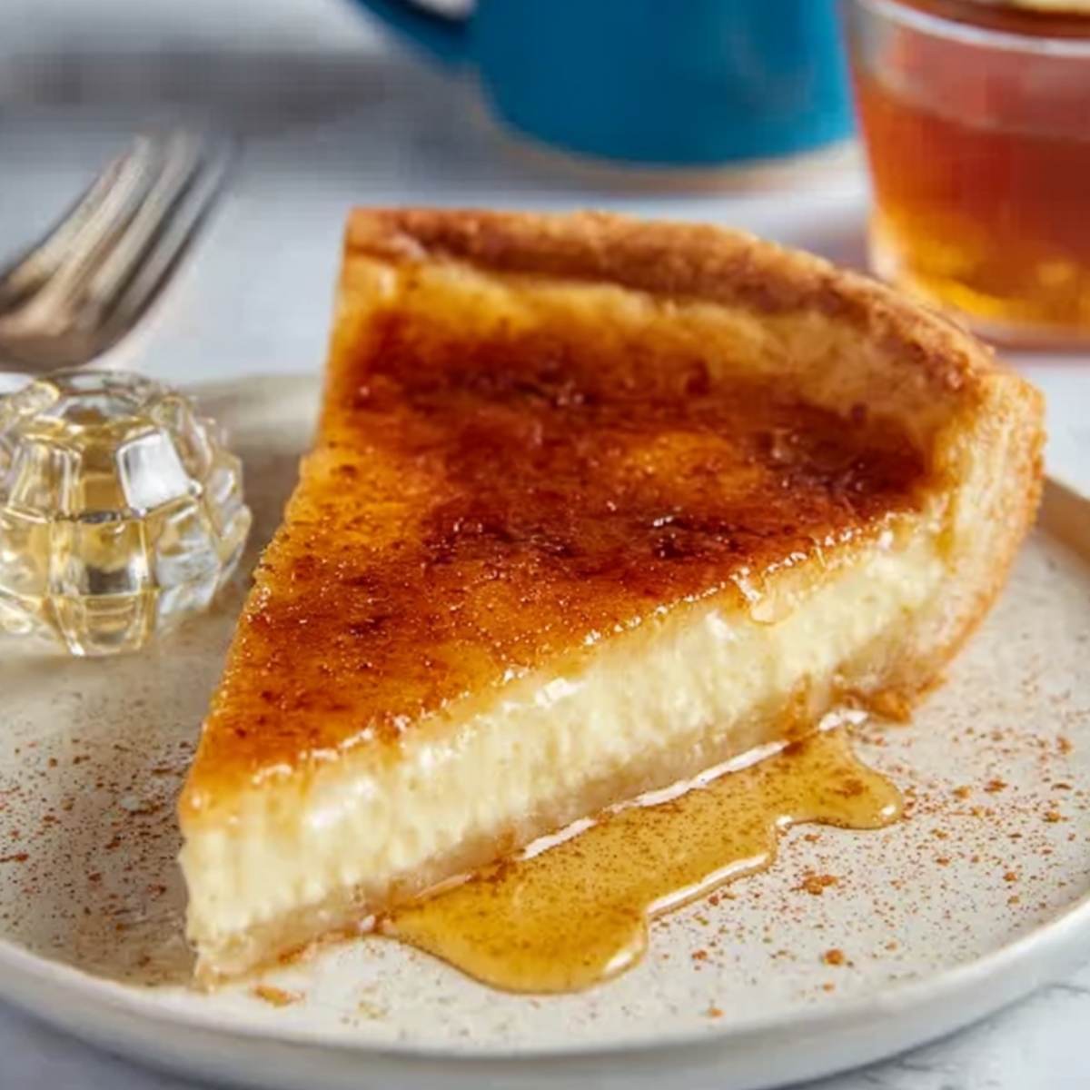 A slice of Greek Honey Pie on a plate, with a golden crust and creamy filling, drizzled with honey. A small piece of honeycomb is placed next to the pie.