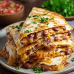 A close-up of Kidney Bean Quesadillas, melted cheese, and garnished with parsley on a brown plate.