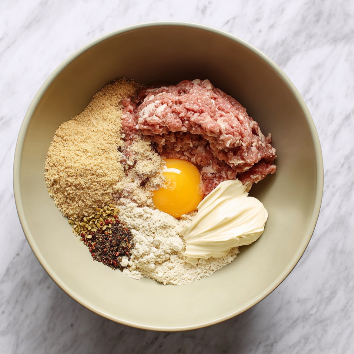 A bowl filled with raw meatball ingredients, including ground meat, breadcrumbs, an egg, spices, and mayonnaise, ready to be mixed.
