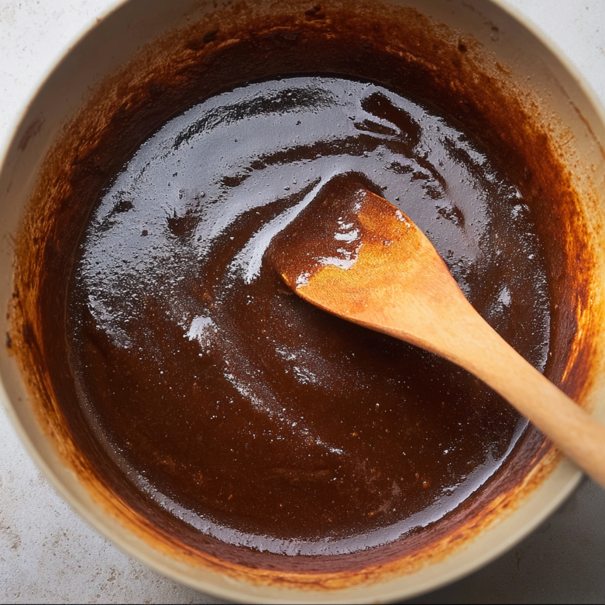 A smooth, dark, glossy roux in a pot with a wooden spoon stirring the thick sauce, indicating it’s prepared and ready for the next steps in cooking.