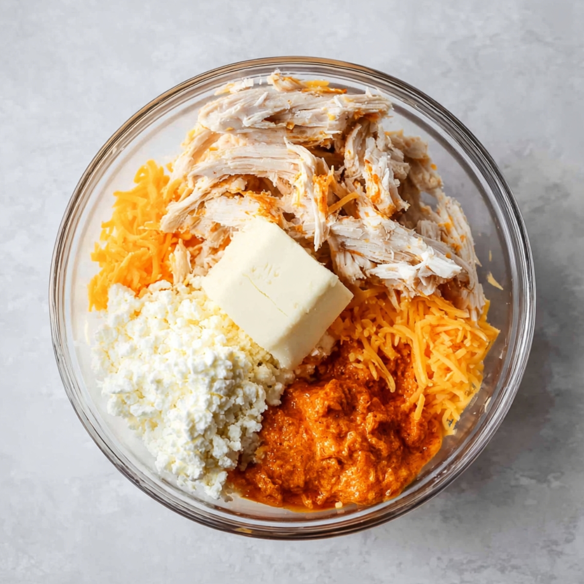 A bowl with shredded chicken, cream cheese, buffalo sauce, and cheese for buffalo chicken filling.