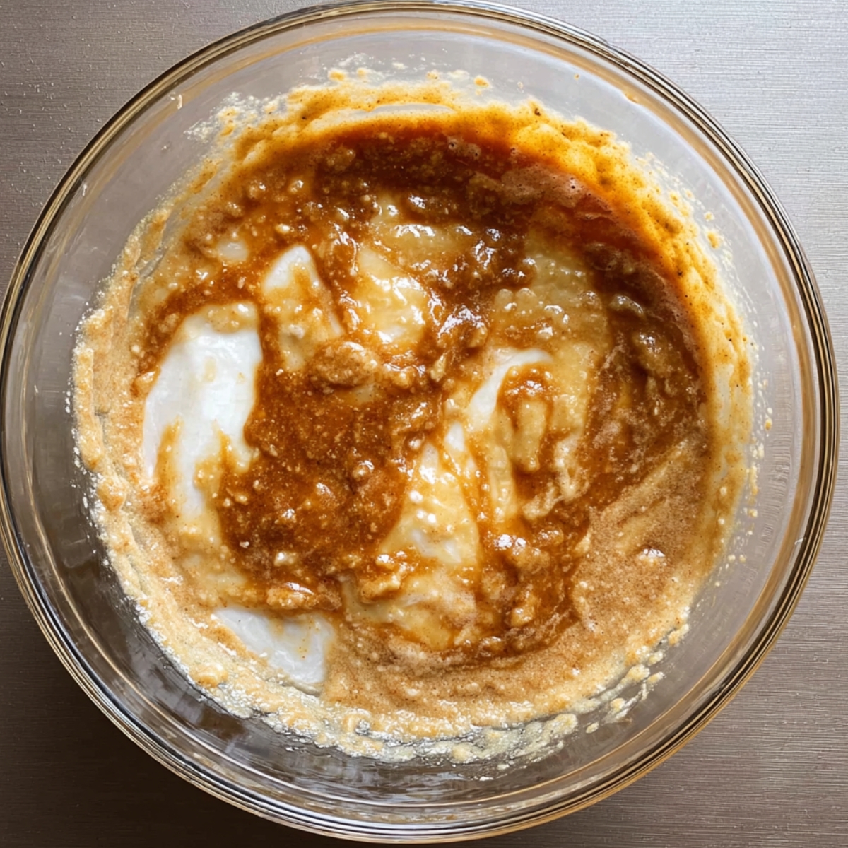 Close-up of a glass bowl containing mashed bananas, butter, and other wet ingredients, mixed together with a creamy texture, forming a base for a cake batter.