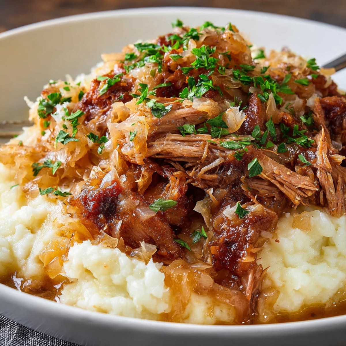 Tender pulled Pork and Sauerkraut served over creamy mashed potatoes, garnished with fresh parsley.