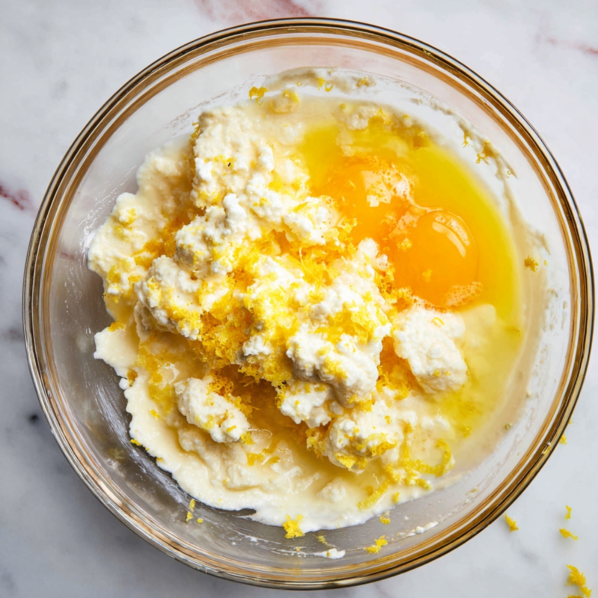 A glass bowl containing a mixture of ricotta cheese, eggs, lemon zest, and honey, ready to be combined for the pie filling.