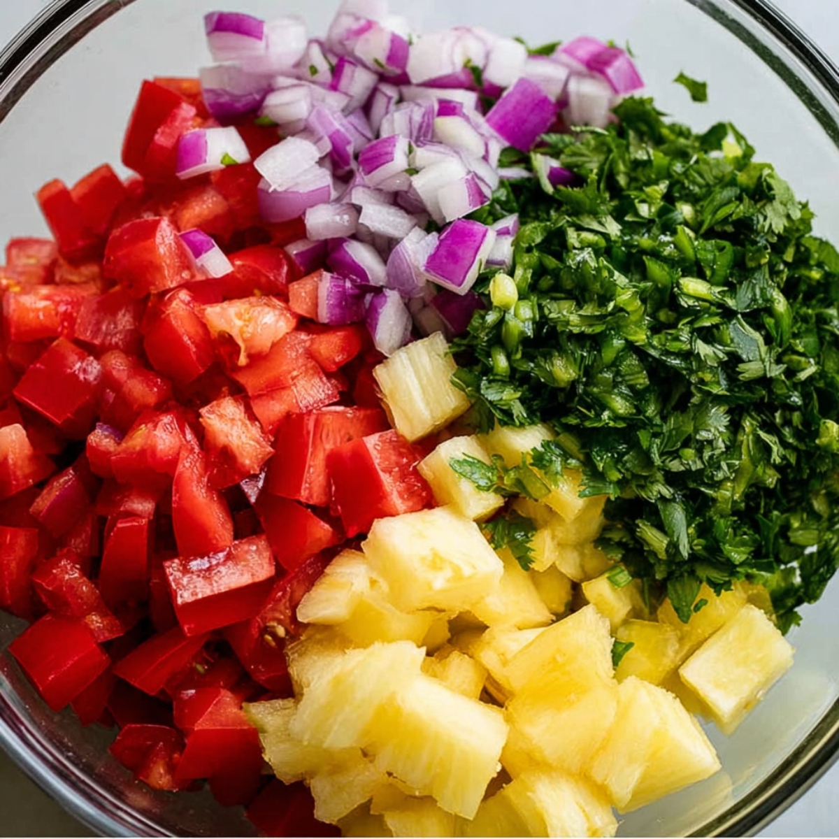 A glass bowl filled with diced tomatoes, red onions, pineapple chunks, jalapeños, and fresh cilantro, ready to be mixed into a salsa.