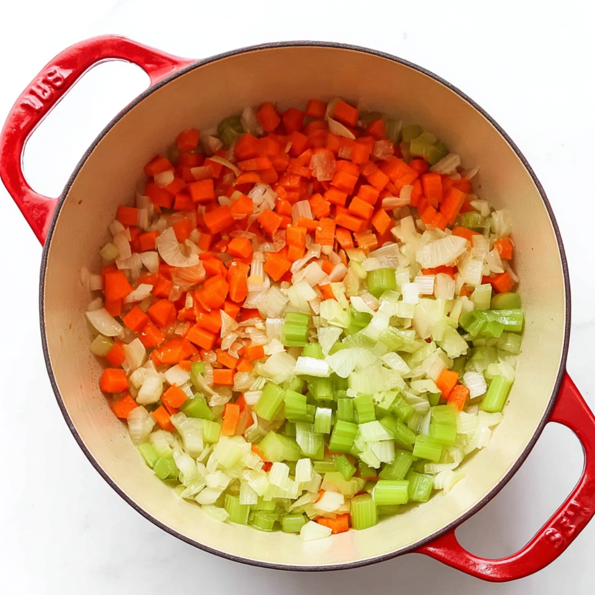 Chopped carrots, celery, and onions sautéing in a red pot, forming a flavorful foundation for a delicious dish.