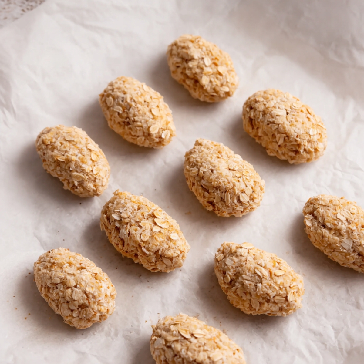 Uncooked chicken croquettes shaped into small oval forms and placed on parchment paper, ready to be fried.