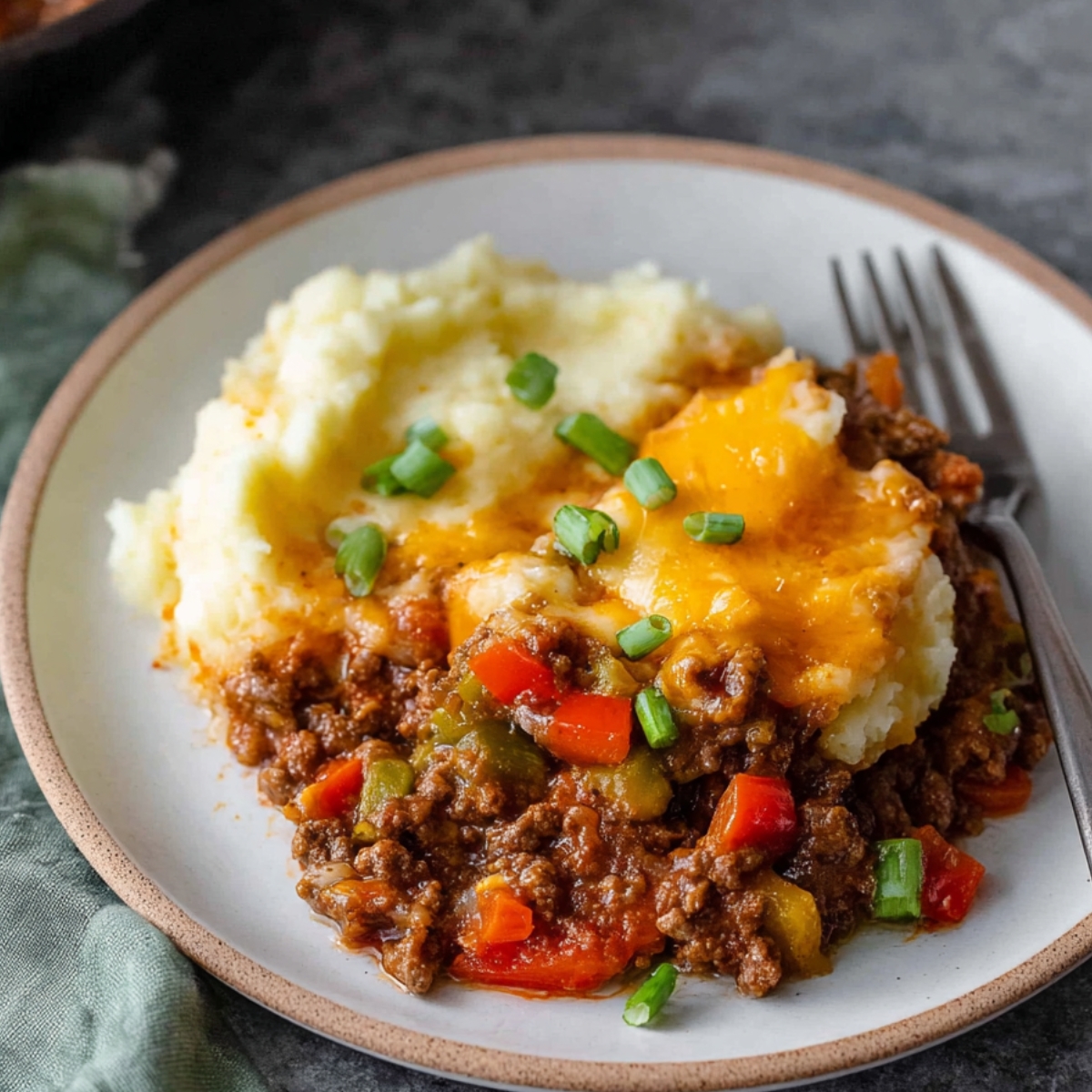 A delicious serving of Sloppy Joe Casserole with seasoned ground beef, topped with melted cheese and served alongside creamy mashed potatoes, garnished with fresh green onions.