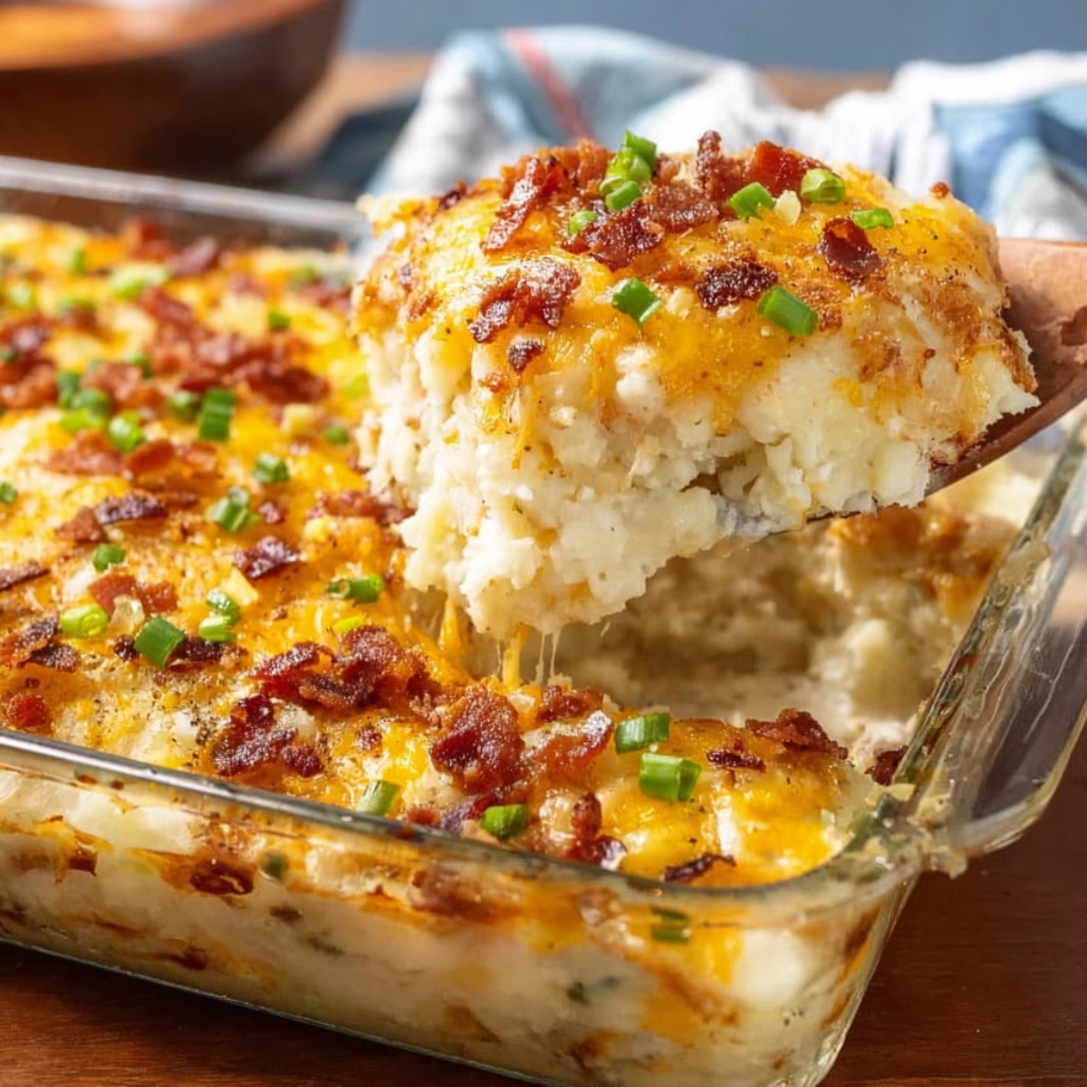 A cheesy Twice Baked Potato Casserole with crispy bacon, melted cheese, and green onions being lifted from the dish.