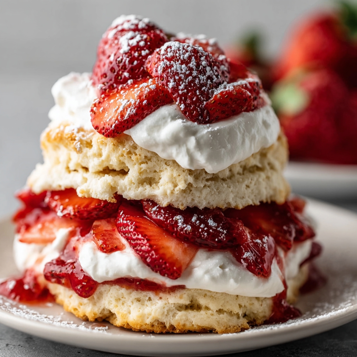 A close-up of a finished Vegan Strawberry Shortcake stacked on a plate, with layers of biscuit, whipped cream, and fresh strawberries, dusted with powdered sugar.